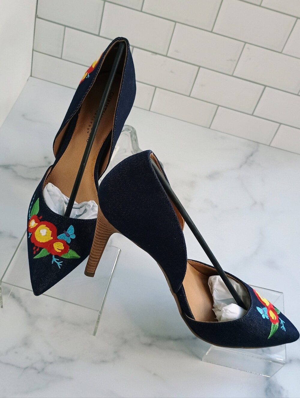 Christian Siriano Dark Denim Embroidered Pointed-Toe d'Orsay Pumps - Picture 4 of 14